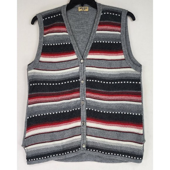 Northwest Blue Jackets & Blazers - Northwest Blue Vest Womens Large Gray Striped Holiday Grannycore Vintage Button